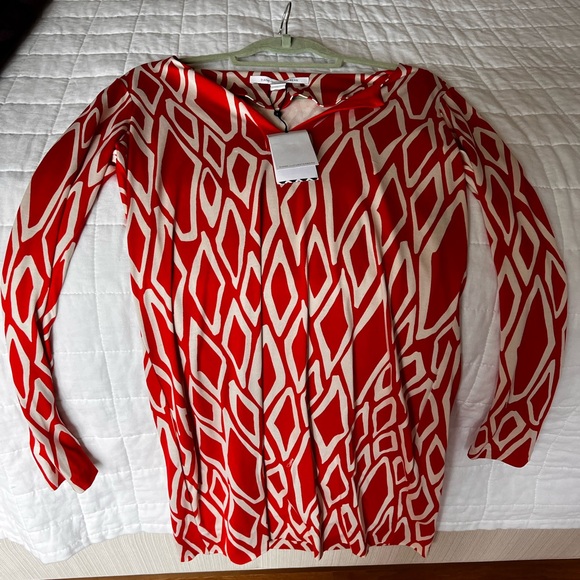 Diane Von Furstenberg Coral Red Ikat Print Silk Reina Long Sleeve Dress 8 - Picture 4 of 5